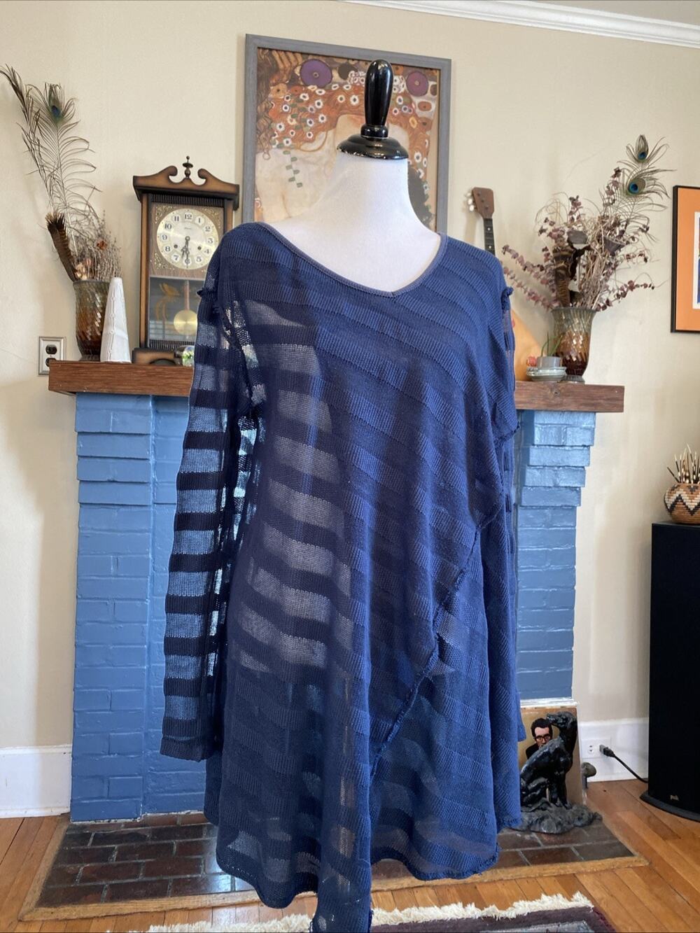 We The Free S Navy Blue Long Sleeve Tunic Trapeze Hem Sheer Oversized Sweater